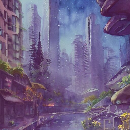 Beautiful happy picturesque charming sci-fi city in harmony with nature. Nature everywhere. Nice colour scheme, soft warm colour. Beautiful detailed watercolor by Lurid. (2022)