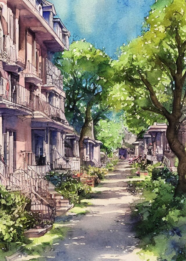 street lined with old residential houses summer watercolor by arti chauhan trending on artstation 