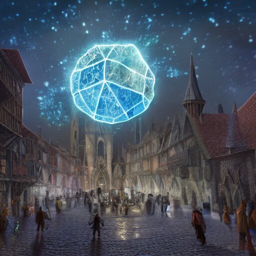 A Giant magical glowing gem meteorite in the middle the plaza of a medieval city, beautiful, concept art, sharp focus, highly detailed, intricate, still, photograph, fantasy, medieval, midday, day, sunny, shimmering, realistic, 8k, award winning, trending on artstation, Dungeons and dragons, tabletop, in the style of Wizards of the coast