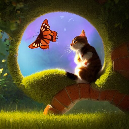 a wholesome cottagecore illustration of a cat chasing a butterfly through a portal to the 4th dimension, Pixar and Disney animation, sharp, Rendered in Redshift and Unreal Engine 5 by Greg Rutkowski, Bloom, dramatic lighting