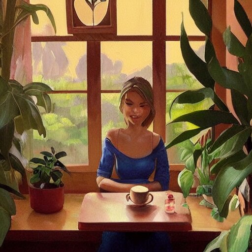 a cozy cute cafe with a window and plants, a young pretty filipino woman sits with an espresso, golden morning light, dramatic light, happy cozy feelings, oil painting trending on artstation 