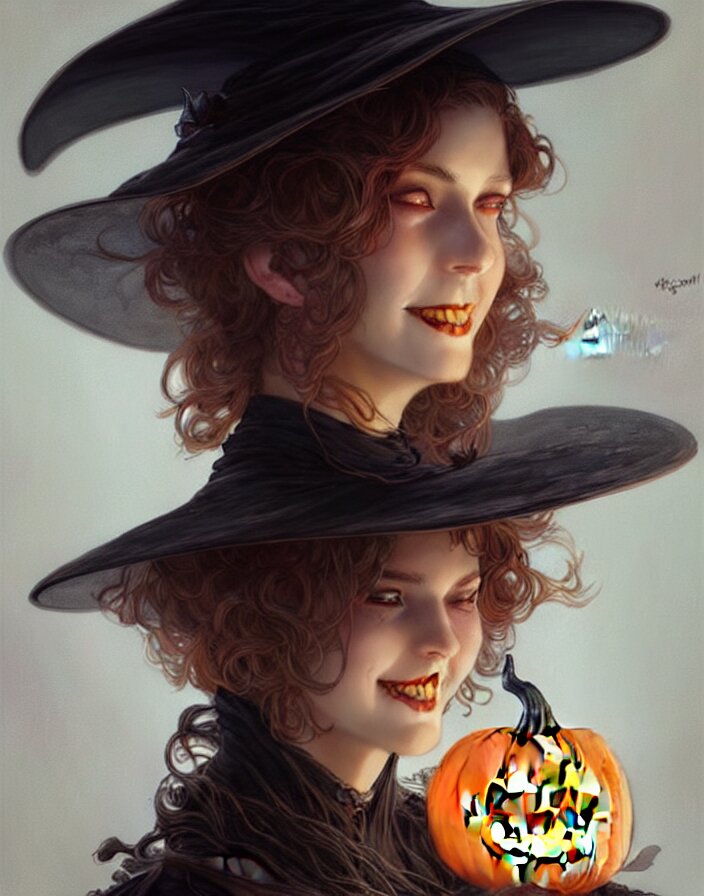 halloween witch woman in a hat smiles, fantasy magic, undercut hairstyle, dark light night, intricate, elegant, sharp focus, illustration, highly detailed, digital painting, concept art, matte, art by wlop and artgerm and greg rutkowski and alphonse mucha, masterpiece 