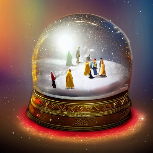 whirling dervishes inside a snow globe on a table, digital art, artstation, highly detailed 