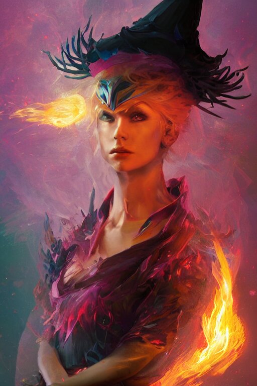 a fancy portrait of a beautiful dark magician women wearing a great witches hat covered in colourfull flames by Greg Rutkowski, Sung Choi, Mitchell Mohrhauser, Maciej Kuciara, Johnson Ting, Maxim Verehin, Peter Konig, final fantasy , mythical, 8k photorealistic, cinematic lighting, HD, high details, atmospheric,