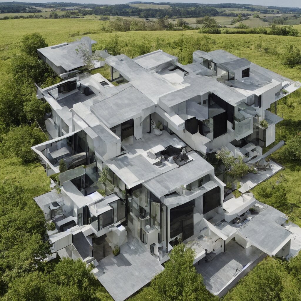 hybrid modern home mixed with a drone, a drone home, hovering over a field 