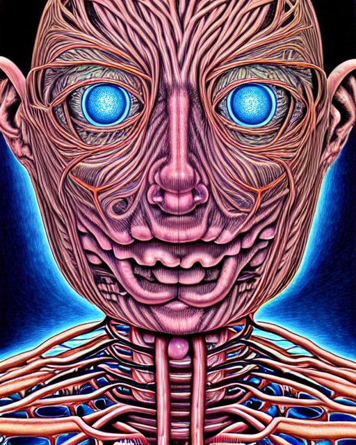 human body breaking away, conjuring psychedelic illustration, part by shintaro kago, part by alex gray, ultra realistic, highly detailed, 8 k, symmetry, fractals, grotesque, vibrant 