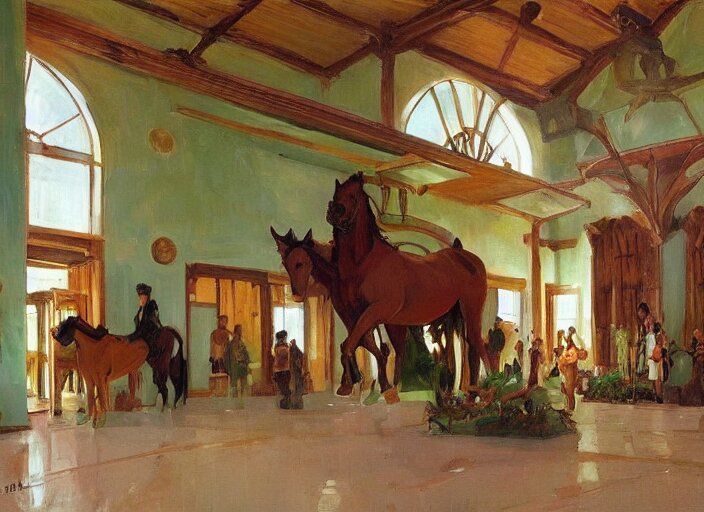 main hall with horse statues, green and brown decorations by studio ghibli painting, by joaquin sorolla rhads leyendecke 