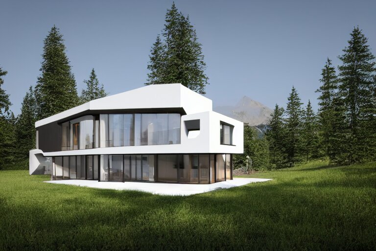 modern modern fachwerk house with in the forest on the foot of Elbrus mountain, architecture, 3d render 8k , high details