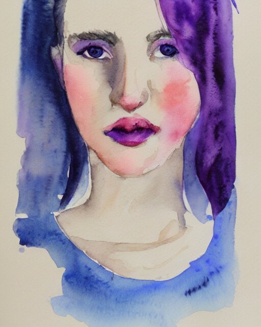 watercolor picture of a beautiful young woman in white dress, looking back at the camera, blue eyes, purple hair, high key, watercolor