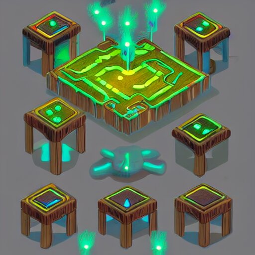 concept art 2 d game asset of furniture with an organic isometric design based on bioluminescent alien - like plants inspired by the avatar's bioluminescent alien nature. around the furniture, we can see plants that glow in the dark. all in isometric perspective and semi - realistic style item is in a black background colorful neons surrealistic masterpiece 