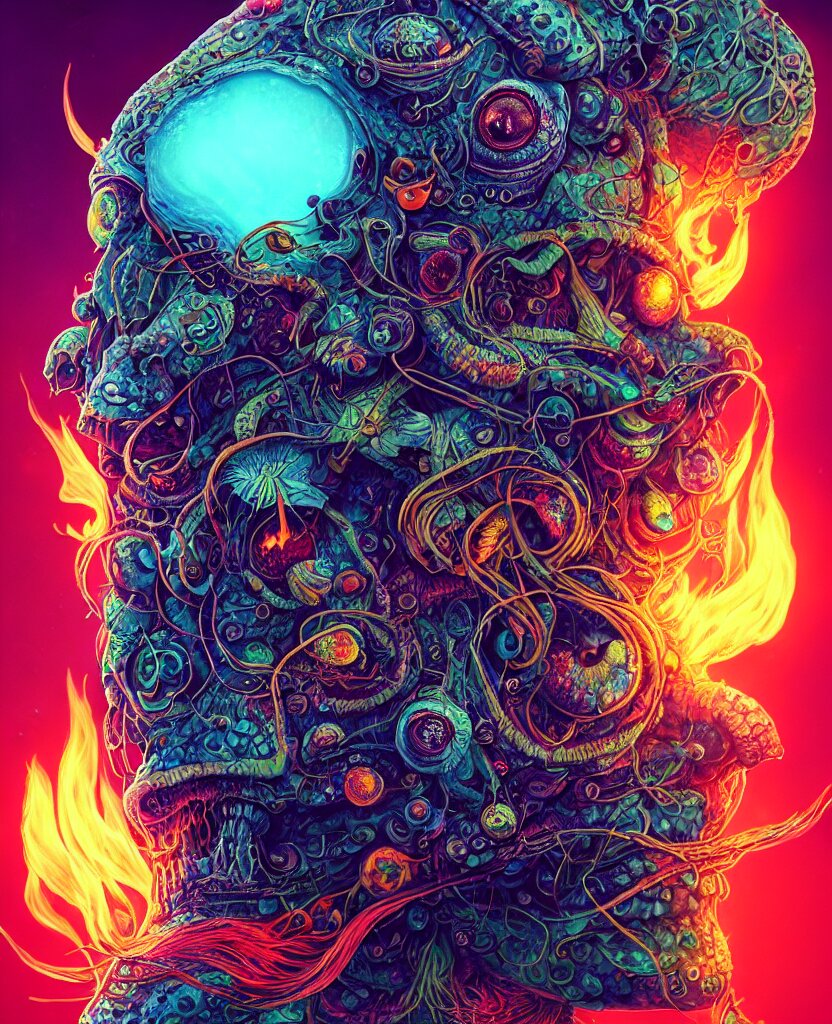 psychedelic shaman close-up portrait. amanita muscaria phoenix head, nautilus, insect, skull, ice and fire, bioluminiscent creatures, intricate artwork by Tooth Wu and wlop and beeple. octane render, trending on artstation, greg rutkowski very coherent symmetrical artwork. cinematic, hyper realism, high detail, octane render, 8k