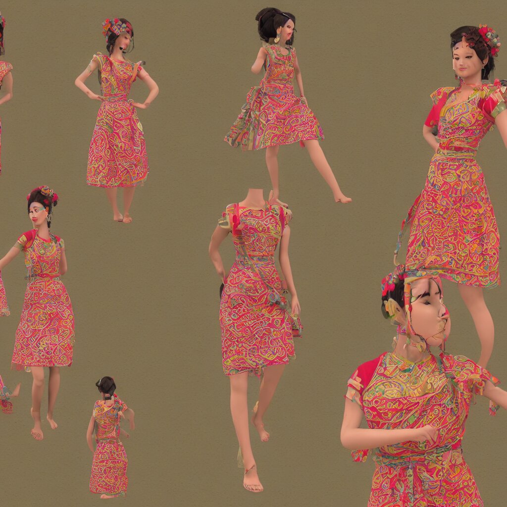 beautiful summer assamese mekehela bihu style floral gamosa dress ; flirtatious, boho - chic, sleeveless, elegant, short skirt length, slimmer demeanor, plethora of colors ; mini dress, highly detailed cute face by wlop ; octane render, unreal engine 5, trending on artstation, 8 k, symmetrical, cinematic, high coherence, hdr fabric textures 