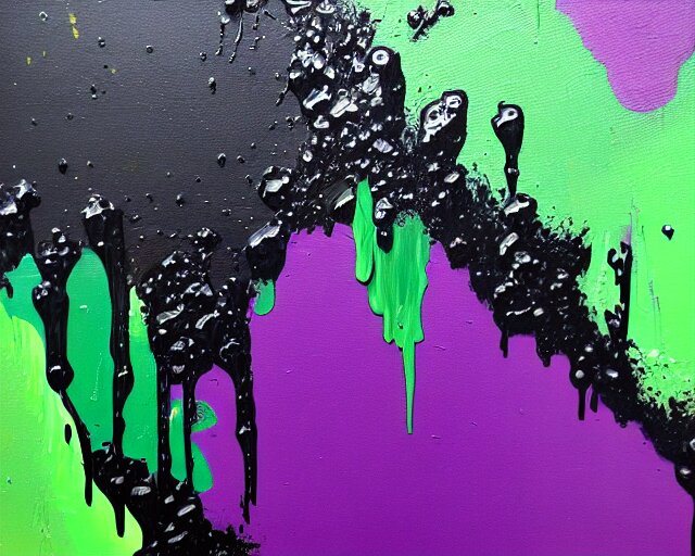 abstract painting in black, dark green, purple. 8k, dripping paint, paint spill, extreme detail, intricate detail, masterpiece, trending on artstation,