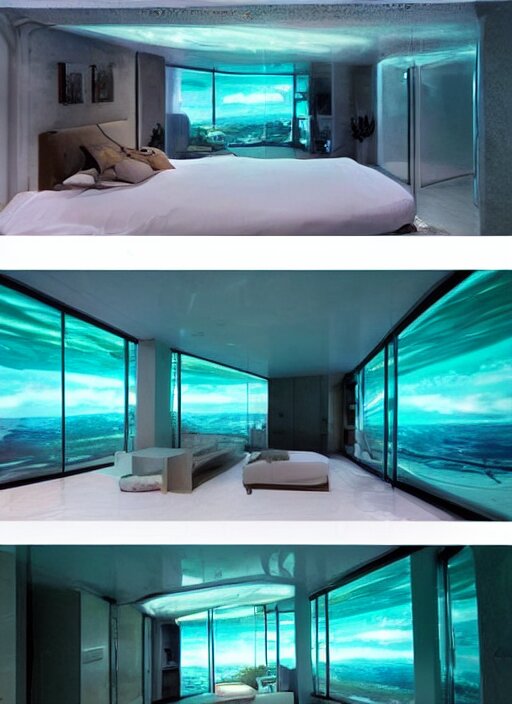 a futuristic sci - fi underwater home with mirrored walls, dreamatic lighting 