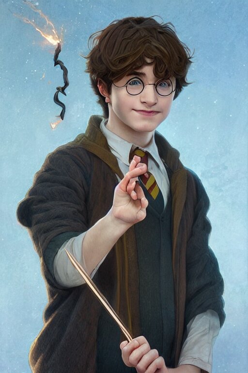 beautiful cottagecore young harry potter holding a magicwand. intricate, elegant. highly detailed, digital painting, artstation, concept art, smooth, sharp, focus, illustration. . art by artgerm and greg rutkowski and alphonse mucha