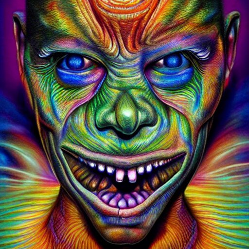 hyperrealism realistic lsd detailed 3 d scary pyschedelic trippy nightmare face in the style of alex grey and pablo amaringo and david normal 