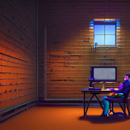 cinema 4D vibrant render, ultra detailed, of a person inside a jail cell sitting with a desk and CRT monitor, coding, matrix, cyber, screens and monitors, computer parts, open stack of books, 4K concept art, detailed, brick walls, vibrant setting, cinematic lighting, light shining through the jail cell, casting shadows, trending on art station, old computer monitor, stressful, working, hyper realistic, ultra detailed, unreal engine, 8K post production