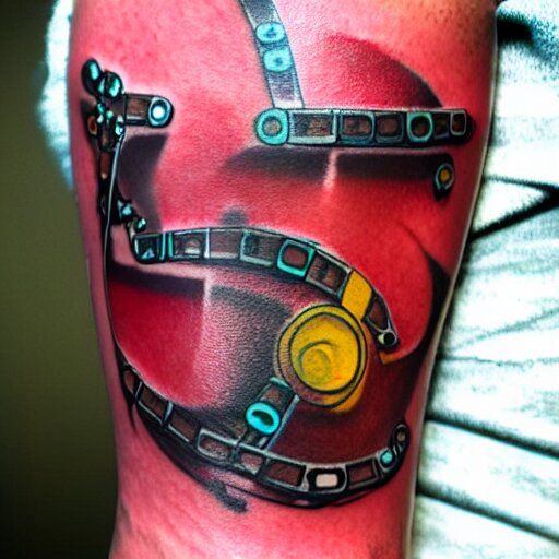 arm tattoo of a 3 d hole in the skin with multicolored robotic mechanics inside under the skin, insanely integrate, 3 d 