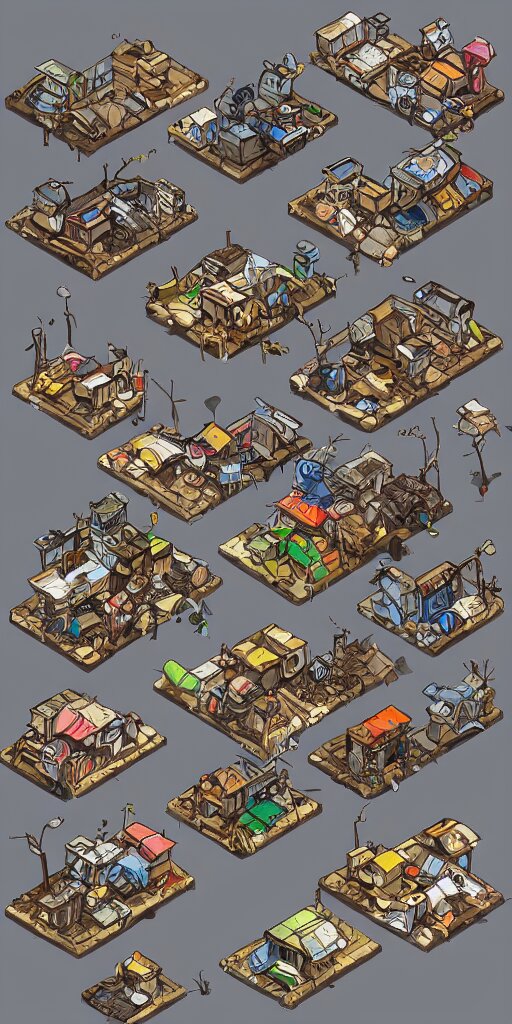 junkyard slum houses and shops. pixel art asset sheet. isometric perspective. concept art. science fiction. 