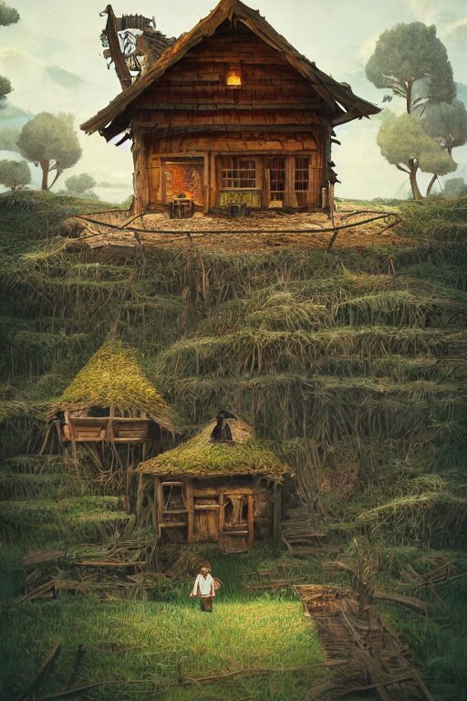 an awesome twilight day concept art of old hut standing at giant hen's legs, by kengo kuma and wes anderson with village, mixed development, cgsociety, fantastic realism, artstation hq 