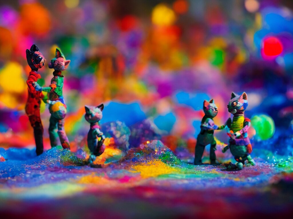 a cinematic film still of a claymation stop motion film, a gay mage and his artist boyfriend in a colorful glass universe, making robotic kittens, shallow depth of field, 8 0 mm, f 1. 8 