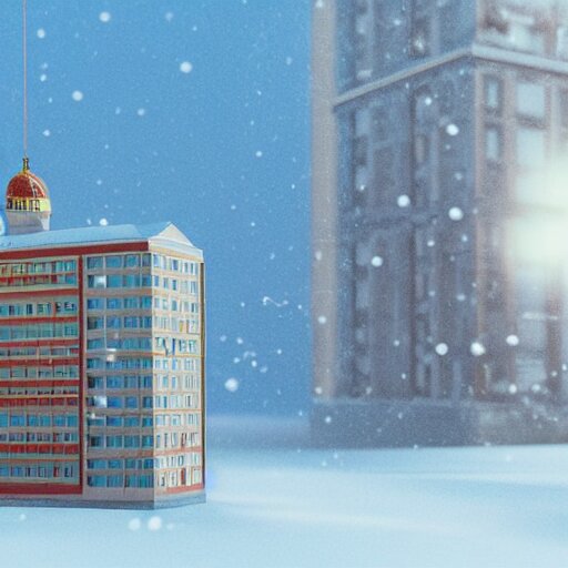 a snow globe with a soviet apartment building in it, a computer rendering by leandro erlich, diorama, trending on cgsociety, retrofuturism, tesseract, isometric, physically based rendering 