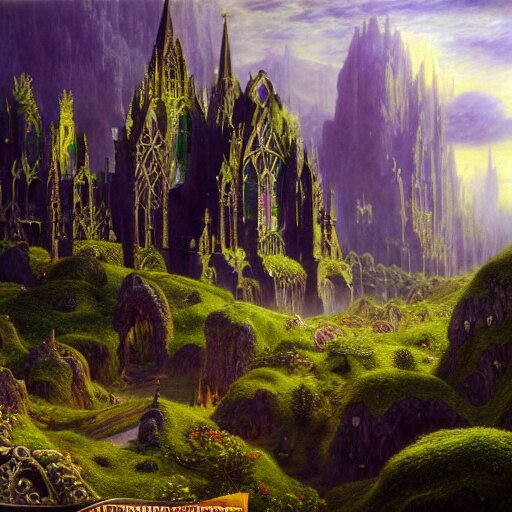 a beautiful and highly detailed matte painting of a beautiful cathedral in a magical fantasy valley in the mountains, psychedelic trees and plants and flowers, celtic vegetation, epic scale, insanely complex, hyperdetailed, sharp focus, hyperrealism, artstation, cgsociety, 8 k, bright colors, by caspar friedrich, albert bierstadt, james gurney, brian froud, 