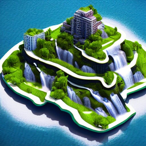 manhattan on a floating island in the sky, waterfalls falling down, low poly art, isometric art, 3d render, ray tracing, high detail, artstation, concept art, behance, smooth, sharp focus, ethereal lighting