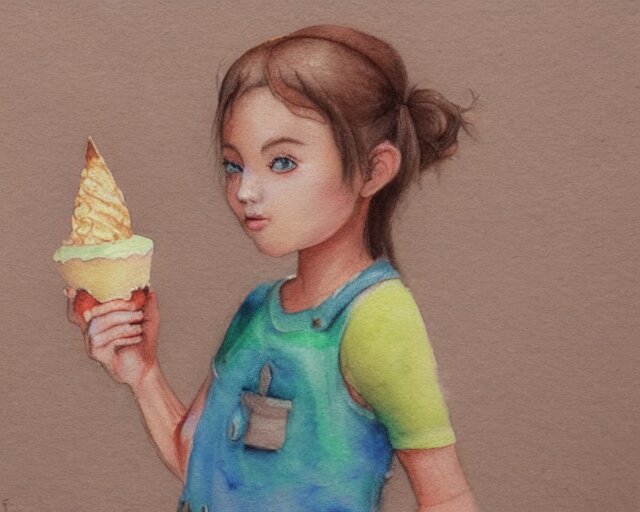 a girl with the ice cream watercolor colored pencil painting trending on artstation 