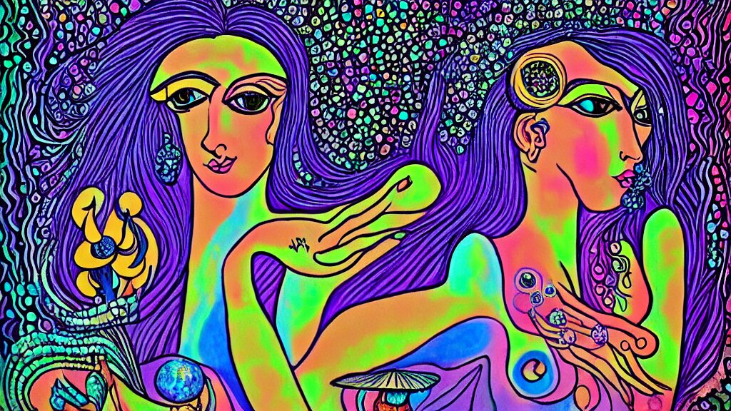 mushroom goddess, dripping crystals, full body dynamic pose, attractive form, psychedelic dmt deity, picasso, pin up girl, visionary art, fully colored and rendered 