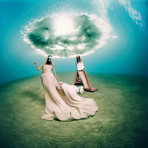 fisheye medium format photograph of a surreal fashion shoot underwater 