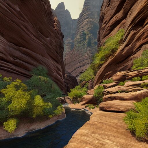 canyon in between mountains, unreal engine, high detail, realism, award winning, detailed lighting