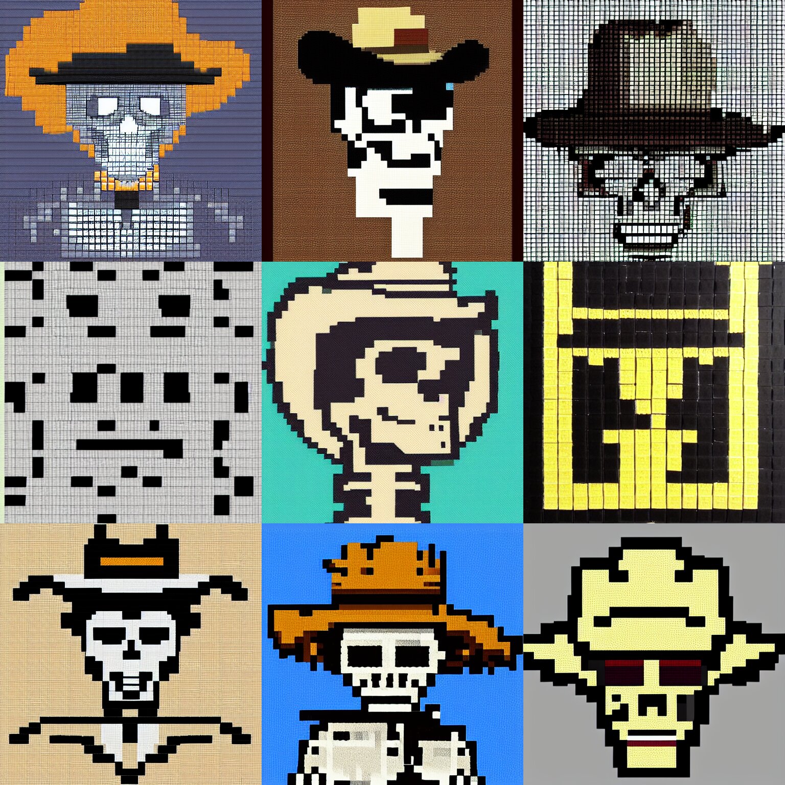 8 bit art of a skeleton in a cowboy hat 