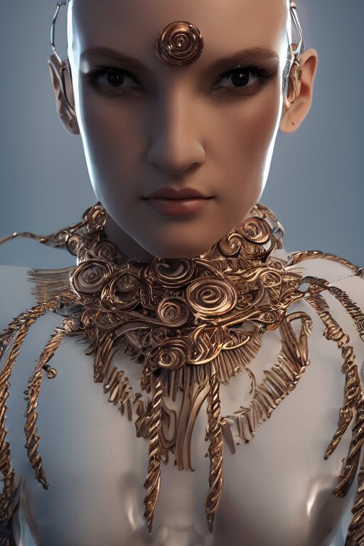 white cyborg fashion shot, copper spiral decorations, white elegant baroque design, smooth heads, headshot half figure, photorealistic, 8k, hyper detailed, unreal engine, trending on artstation,