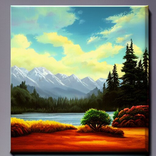 a closeup photorealistic photograph of bob ross themed kenny powers baseball, painting on a canvas. mountains and trees. film still. brightly lit scene. this 4 k hd image is trending on artstation, featured on behance, well - rendered, extra crisp, features intricate detail, epic composition and the style of unreal engine. 