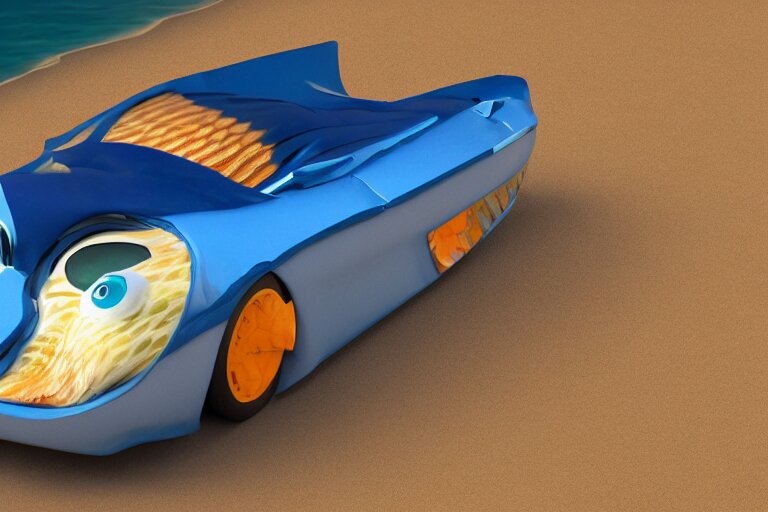 car made of fish, half car half fish, car with fins and gills, underwater fishy car, coral, luxury fish sports car, hd render 4 k, shiny materials, big bulging fish eyes, road 