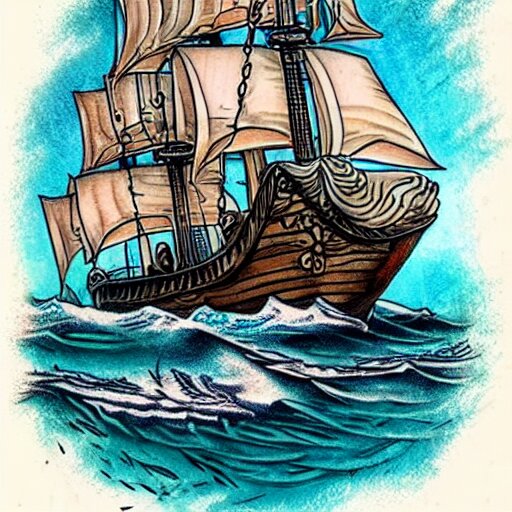 a pirate ship sailing in the sea, realism tattoo design, white paper background, by Matteo Pasqualin tattoo artist