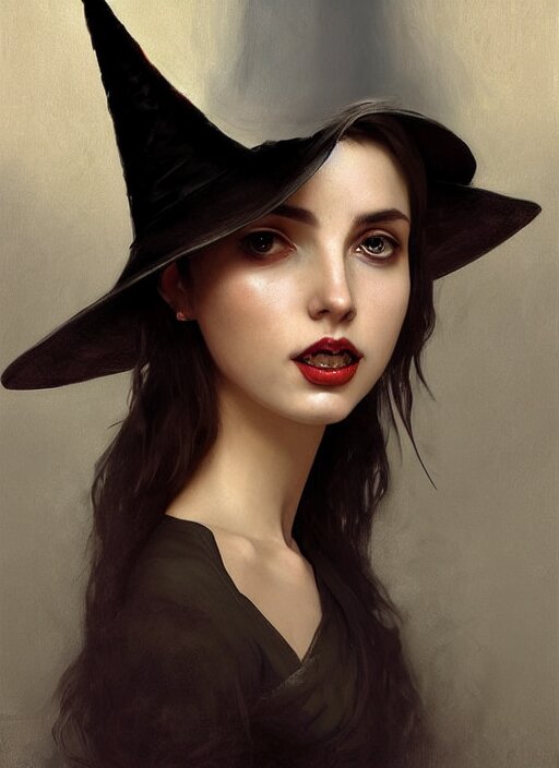 character concept portrait of anna de armas as a witch with a big black pointy hat casting a spell, a floating burning love potion in the center, intricate, elegant, digital painting, concept art, smooth, sharp focus, illustration, from Metal Gear, by Ruan Jia and Mandy Jurgens and William-Adolphe Bouguereau, Artgerm