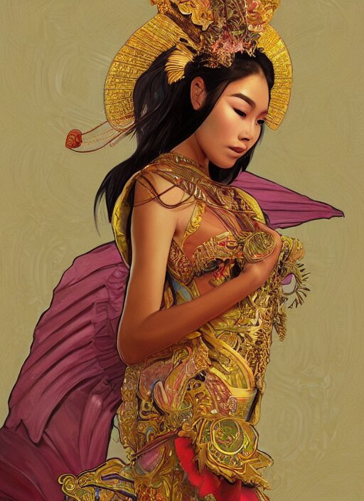 portrait of an indonesian supermodels wearing traditional costume, highly detailed, digital painting, artstation, concept art, sharp focus, illustration, art by kittichai rueangchaichan and james gurney and alphonse mucha 