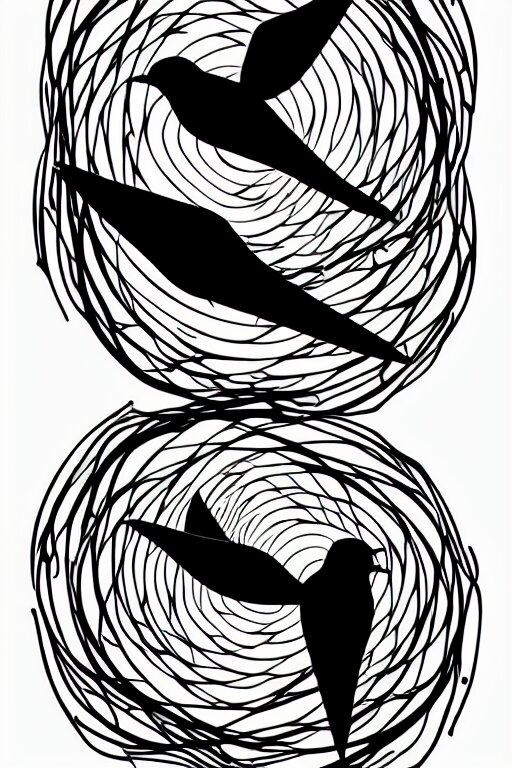 a beautiful tattoo design of minimalist swallows flying across geometric spirals, black ink, abstract logo, line art, vector graphics 