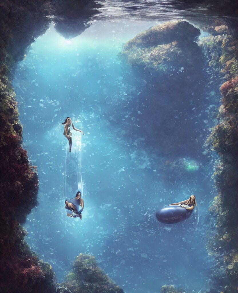 a girl sitting in a large glass egg - shaped submersible, surrounded by a deep exotic underwater canyon kelp forest, by noriyoshi ohrai, ron walotsky, ralph mcquarrie, soft natural volumetric lighting, realistic 4 k unreal engine 5 beautifully detailed render, 4 k post processing 