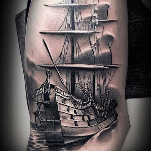 realism tattoo design of a pirate ship, by Matteo Pasqualin tattoo artist