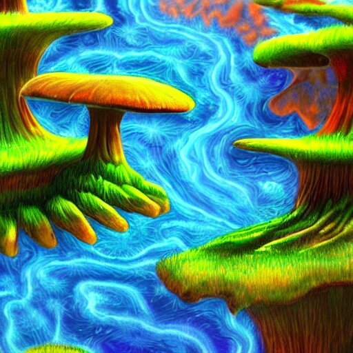 psychedelic mushroom kingdom, dmt, landscape, river, trending on artstation, detailed, realistic, photo