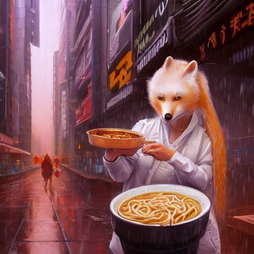 white anthropomorphic female vulpes vulpes fulva, eating ramen from a bowl, in the rain by a noodle kiosk, in crowded and wet street of a city, cyberpunk, harsh neon lights, highly detailed, digital painting, trending on artstation, concept art, sharp focus, illustration, art by artgerm and greg rutkowski and magali villeneuve 