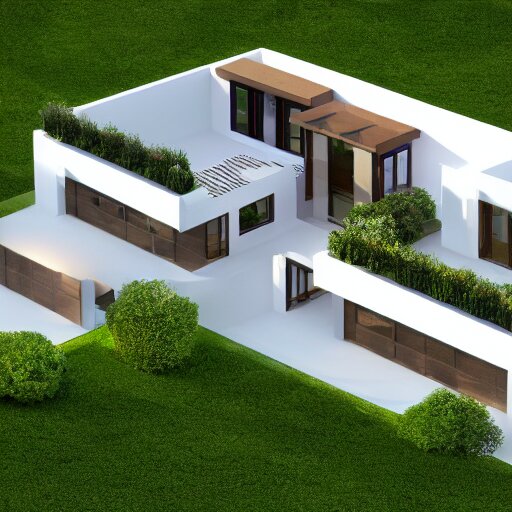 isometric view, render of a beautiful modern home designed for aesthetics, energy efficiency and maximizing plants and greenery, cg render, high resolution, professional 