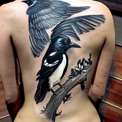 back piece tattoo of a magpie flared out holding a pennant in it's claws, high detail 