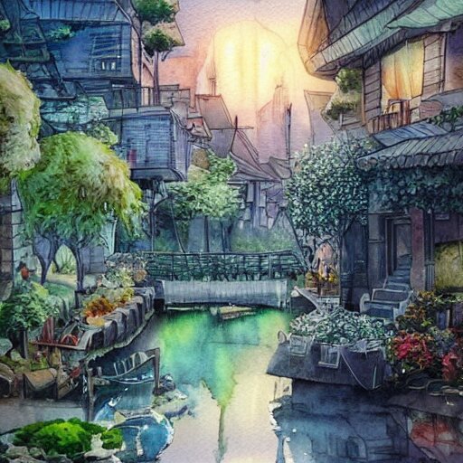 Beautiful happy picturesque charming sci-fi town in harmony with nature. Beautiful light. Water and plants. Nice colour scheme, soft warm colour. Beautiful detailed artistic watercolor by Vincent. (2060)