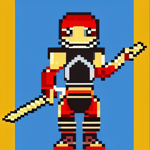 warrior wearing heavy plate armor and holding a giant sword, pixel art, vibrant colors, 