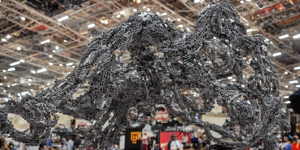 wide shot lens photo of a very intricately detailed and epically shaped 3. 5 meter long tifa lockhart lego sculpture designed by a master builder as displayed at a lego convention, low angle shot. 