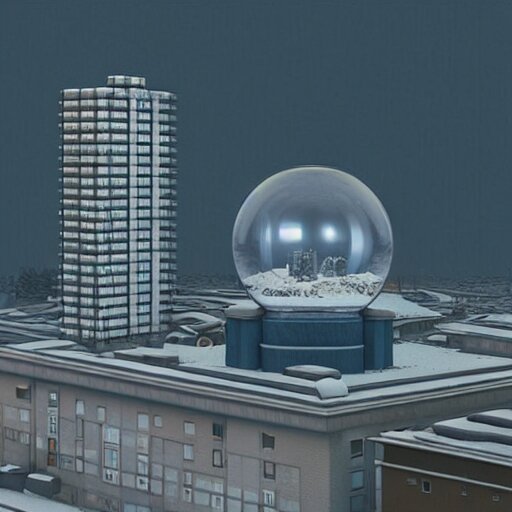 a snow globe with a soviet apartment building in it, a computer rendering by leandro erlich, trending on cgsociety, retrofuturism, tesseract, isometric, physically based rendering 